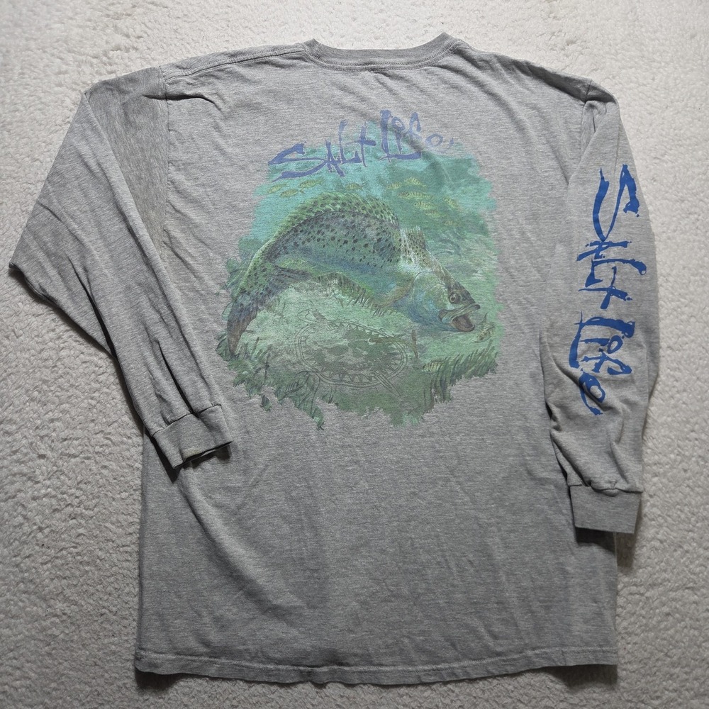 Salt Life Men's Gray Long Sleeve Fish Graphic Pocket Tee Size XL Distressed